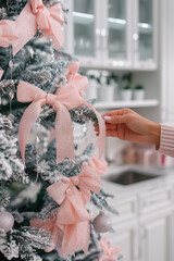 Obraz premium A Christmas tree decorated with pastel pink bows , trendy new year decorations style