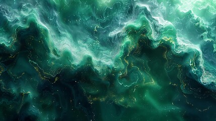 A modern digital artwork featuring swirling algae in vibrant green waters, with a hint of digital glitch art to enhance the abstract nature.