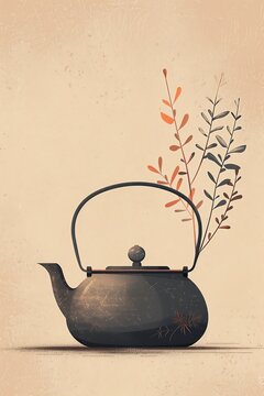 A beautiful illustration of a cast iron teapot with a floral arrangement on top.