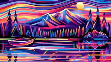 Craft an illustration of an airplane flying over the scenic lakes and snow-capped peaks of the Canadian Rockies