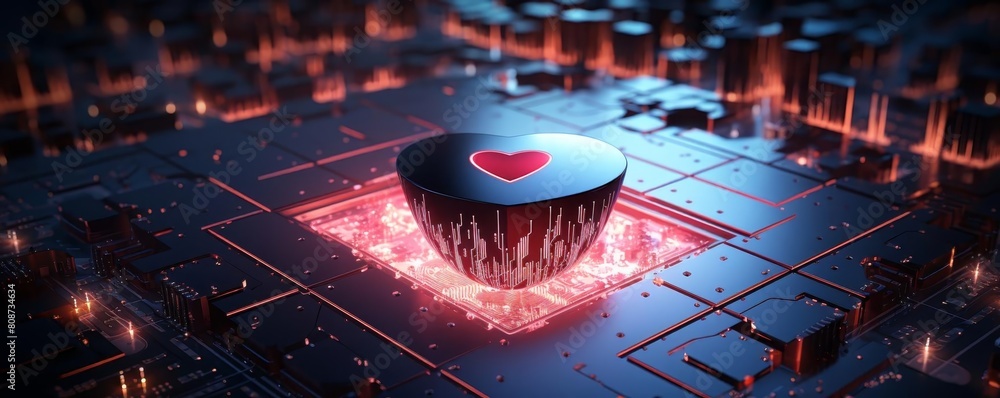 Poster a heart is placed on a computer chip. the heart is surrounded by a glowing red light. concept of war
