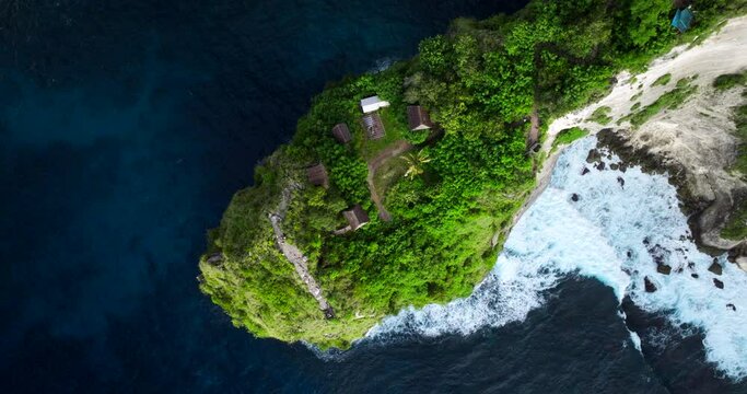 Tree House or Rumah Pohon Treehouse at Nusa Penida island, Bali in Indonesia. Aerial top-down view