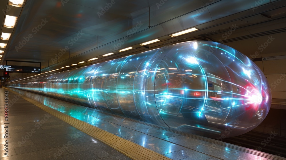 Poster create a digital rendering of a futuristic transportation system, featuring autonomous vehicles, hyp