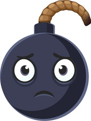 Cartoon bomb character, sad explosive weapon personage with extinguished wick or fuse express feeling of disappointment and failure. Isolated vector unhappy spherical metal bomb character sorry emoji