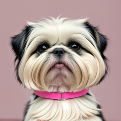 Shih Tzu wear dog collar on light pink background.