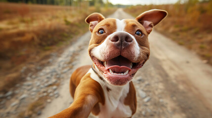 Smiling american staffordshire bull terrier dog takes a selfie in the countryside