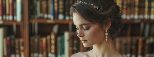 Woman in ballgown looking down at her hands with head tilted to left side, standing inside library full of books, dark hair updo, wearing pearl earrings, medium shot, warm tones