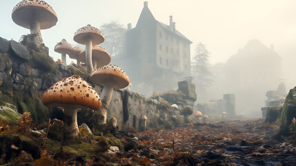 Agaricus mushrooms growing in the foreground with an ancient, crumbling castle shrouded in fog in the background.