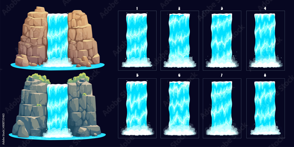 Poster waterfall sprite sheet animation of water cascade or river stream, vector game ui elements. cartoon 