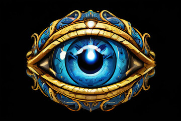 A blue colored eye design on a black background.