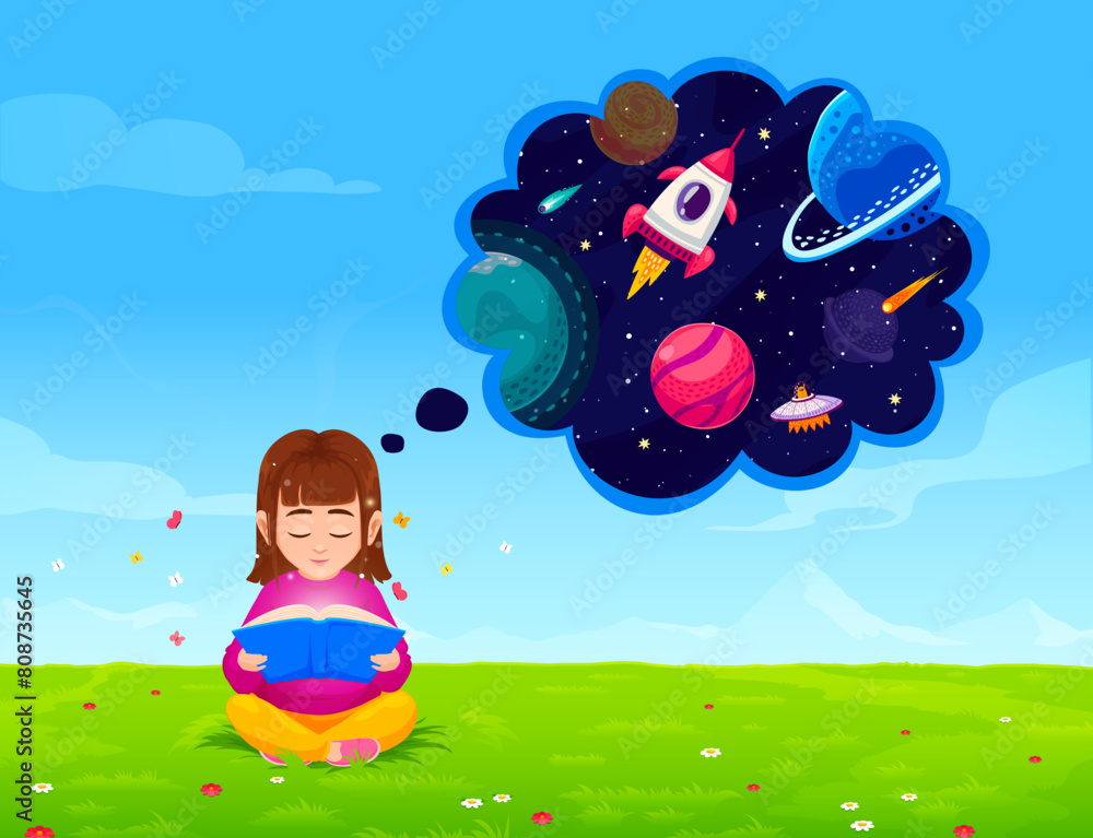 Wall mural Girl on meadow thinking about space and reading book of galaxy adventure, cartoon vector. Kid girl with open book dreaming of space rocket shuttle, alien UFO and asteroids in starry galaxy sky