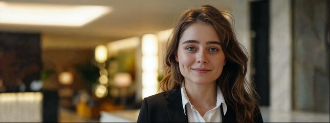 Receptionist, wearing a black blazer and white shirt standing in a hotel lobby.