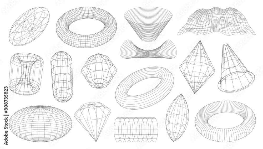 Aufkleber 3d wireframe shapes, brutal and tech grids in retro perspective mesh, vector elements. abstract wire