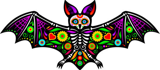 Mexican bat animal tattoo day of the dead sugar skull. Vector flittermouse skeleton with outspread wings and intricate floral patterns, symbolizing night, remembrance and cycle of life and death