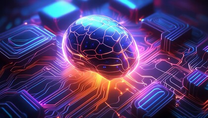 Futuristic neon circuitry and a glowing brain in blue and purple, showcasing advanced technology and innovation in a vivid display.