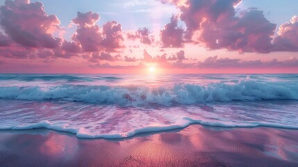 A panoramic view of a sunset beach where the sea turns into a canvas of blush and white hues, with gentle waves reflecting the fading pink sunlight, offering a moment of calm and beauty.