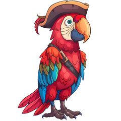 Pirate Parrot Macaw cute cartoon with pirate hat, colorful isolated no background