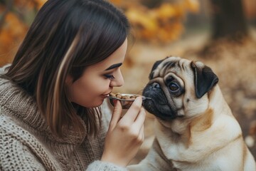 Cozy scene of a young woman sharing a biscuit with her adorable pug among fall leaves
