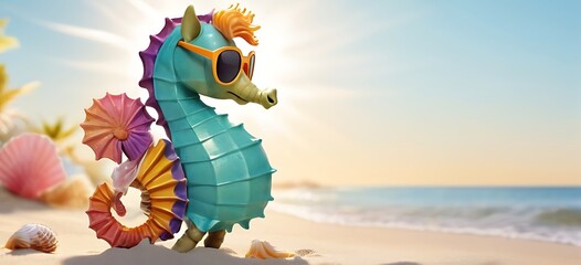 Sunny Seahorse With a beach cover-up and stylish sunglasses, this seahorse enjoys strolling along the shoreline and collecting seashells. Its colorful tail shimmers in the sunlight