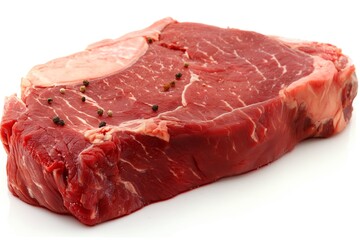 A close-up view of a raw beef steak with scattered peppercorns isolated on a white background