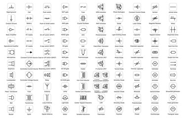Electric and electronic circuit symbols of elements and components, vector icons. Electrical circuit schematic symbols of diode and switch, connection gate or processor resistor and semiconductor sign