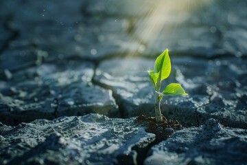 A photorealistic image of a seed sprouting through a cracked concrete surface, with a ray of sunlight shining down on it. 