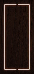 Dark wood wall background, brown neon light and rectangle shape with vertical banner.