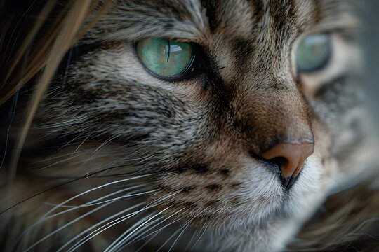 Macro Close-up View of Striking Green-Eyed Tabby Cat