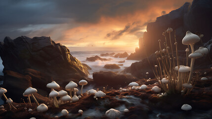 Agaricus mushrooms growing on a rocky shoreline, with crashing waves and a lighthouse in the distance at dusk. - Powered by Adobe
