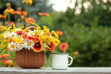 summer background. wicker basket with colorful flowers and enamel mug on table in garden. rustic...