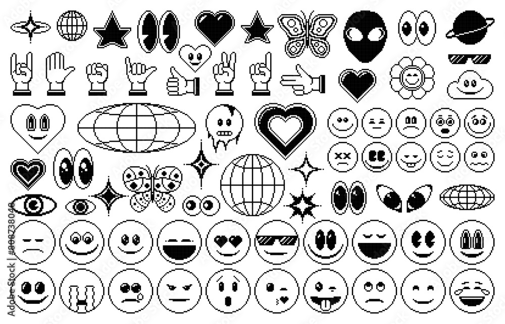 Aufkleber 8 bit pixel y2k icons and emoji. isolated monochrome vector 8bit abstract set of retro ui elements i