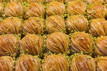Traditional turkish sweet honey desserts detail. Oriental food. Baklawa