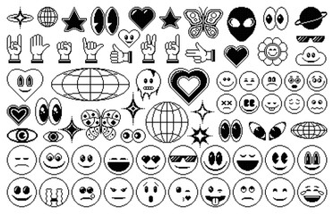 8 bit pixel y2k icons and emoji. Isolated monochrome vector 8bit abstract set of retro ui elements in the mood of 90s aesthetics. Hand gestures, facial emotions and smiles, heart, eyes and globes,