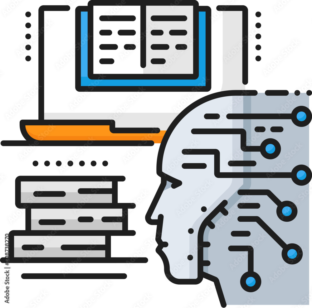 Leinwandbilder Unsupervised machine learning, artificial intelligence analysis, AI algorithm line color icon. Machine learning computer technology, AI system linear vector icon with android face and computer data