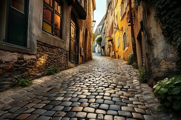 Cobblestone streets of an old European town, Historical cobblestone streets in  European town, Ai generated