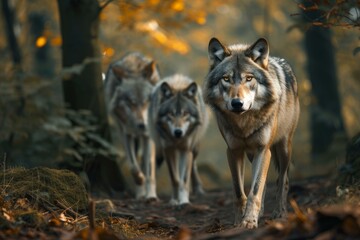 Trio of wolves walk forward in a misty woodland during fall, displaying wildlife in a natural habitat