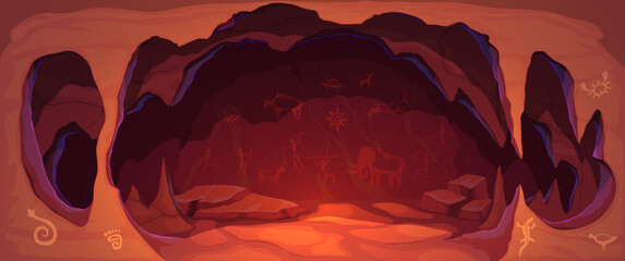 Cave painting. Vector dark cavern with dim red glow and wall, adorned with ancient prehistoric drawing depicting scenes of hunting, rituals, and daily life of lost civilization. Caveman art background