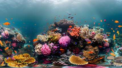 A photo featuring a vibrant coral reef teeming with marine life. Highlighting the colorful fish and intricate coral formations, while surrounded by crystal-clear waters
