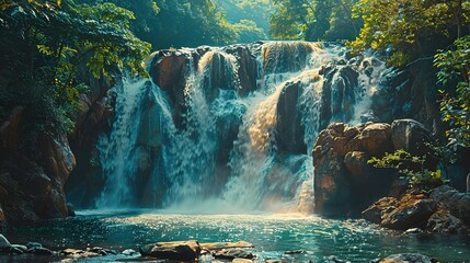 A cascading waterfall tumbles into a fern-edged pool amidst a verdant forest
