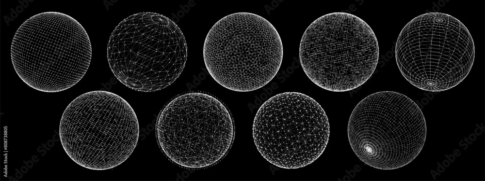 Aufkleber 3D sphere globe in wireframe grid or wire mesh, brutal and retro perspective tech shapes, vector forms. Abstract wireframe globes or 3D sphere in wire line mesh of dots with connection nodes