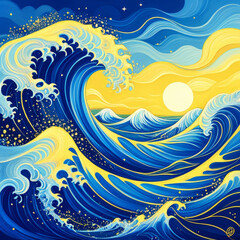 Abstract watercolor background with blue waves and golden splashes. Vector illustration.