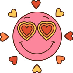 Cartoon retro groovy hippie love smile face in heart sunglasses, vector funky comic. 70s hippie art and groovy cartoon style art symbol of happy emoji smile or emoticon with heart love beams shine
