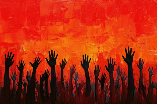 A painting featuring a group of diverse hands reaching up in unity and solidarity, symbolizing protest or prayer