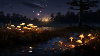 Agaricus mushrooms growing on the edge of a peaceful marsh, with fireflies glowing in the twilight.