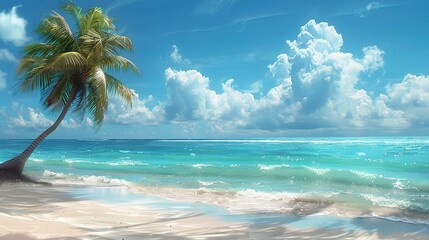 Tropical paradise beach with swaying palm trees and calm turquoise water under a bright summer sky