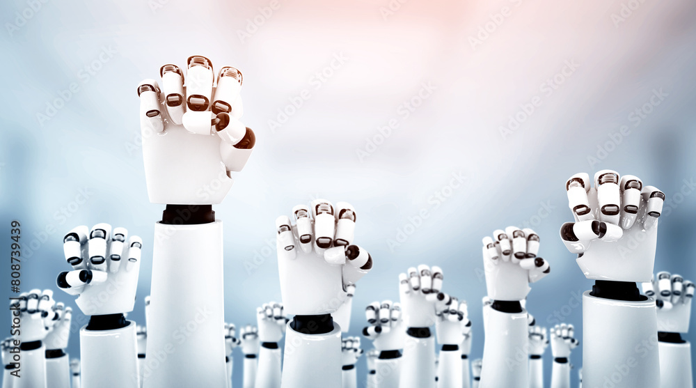 Poster mlp 3d illustration robot humanoid hands up to celebrate success achieved by using ai artificial int