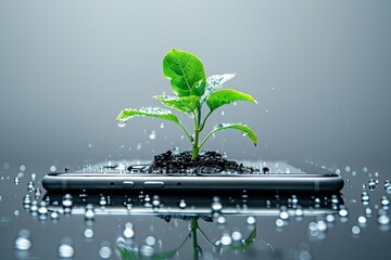 a plant growing in a clear smart phone with droplets of water isolated On White Background 
