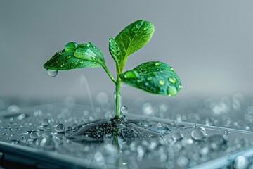 a plant growing in a clear smart phone with droplets of water isolated On White Background 