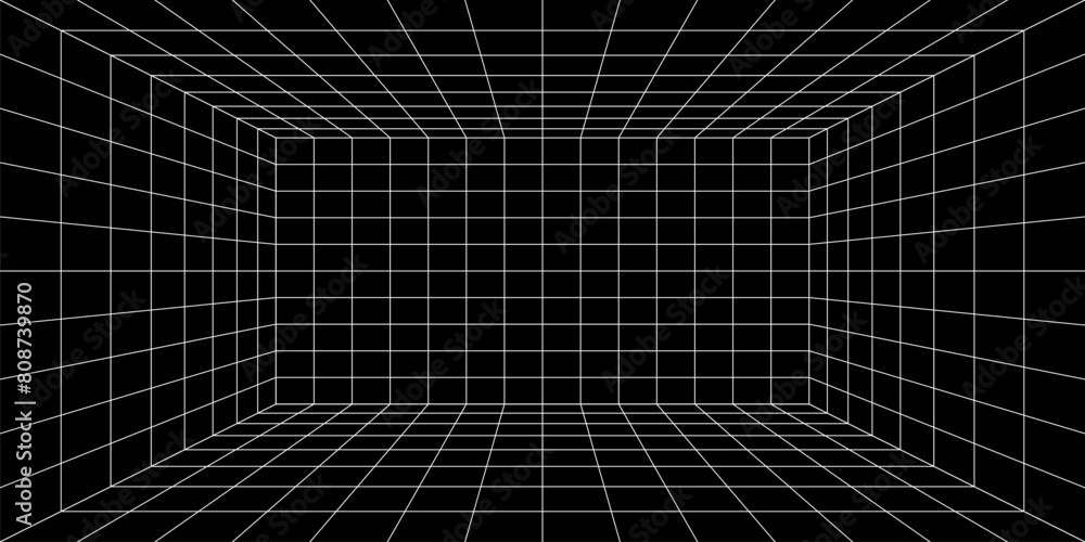 Aufkleber 3d grid space. empty futuristic digital box room, black abstract background with white grid space li