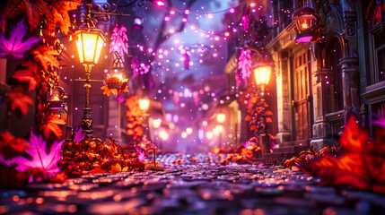 Nighttime Street Scene Decorated with Festive Lights, Vibrant Bokeh Creating a Celebration Atmosphere